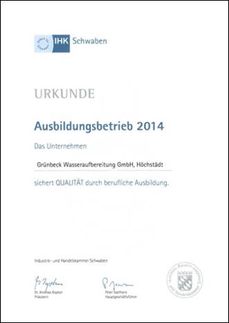 IHK Schwaben würdigt Grünbeck als „Ausbildungsbetrieb 2014“