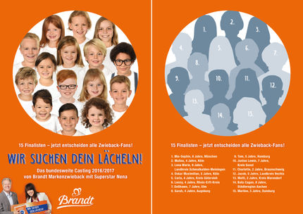 Das sind die 15 Finalisten von "Wir suchen Dein Lächeln!", der großen Castingaktion von Brandt Markenzwieback mit Superstar Nena, die am 1.7.2016 in das bundesweite Online-Voting gehen.