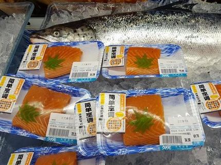 Salmon packed in the cooling shelf of a high-end supermarket in Shanghai/China. Kiel researcher developed a new method for tracing protein sources of farmed and wild salmon.