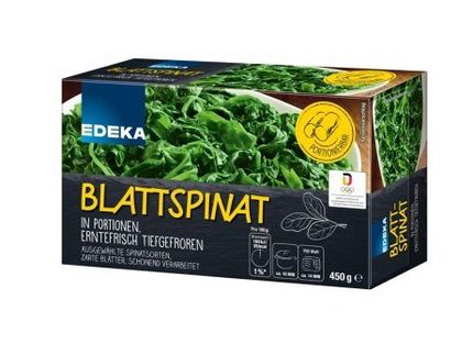 „EDEKA Blattspinat portioniert“ (Tiefkühl), 450-Gramm-Faltschachtel