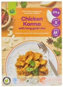Woolworths Chicken Korma. A few brands have incorporated ethically raised meat into meals. In Australia, Woolworths joined the RSPCA’s certification scheme, which ensures the welfare of chickens on the farm, during transport, and at slaughter.