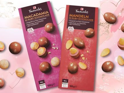 Bei Kaufland gibt es ab Mai deutschlandweit Ruby-Schokolade mit Macadamia-Nüssen und Mandelkernen.