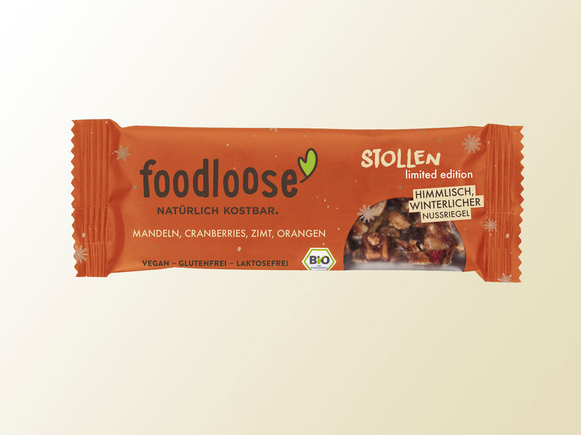 Nussriegel-Zuwachs bei foodloose - Weihnachtliche limited Edition: Bio-Nussriegel mit Stollen und Spekulatius Geschmack