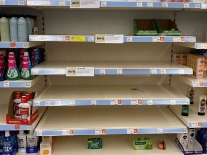 Limited supplies of hand sanitiser and soap in Sainsbury’s, March 2020.