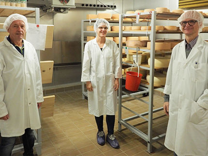 Von links nach rechts: Karl Schafroth, Helena Stoffers, Hans-Peter Bachmann. Die drei Erfinder des neuen Käsereifungsverfahrens im Käsekeller von Agroscope.