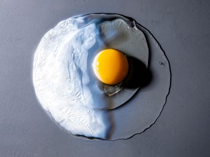 Cuando se calienta, las proteínas de la clara de huevo de gallina, originalmente transparente, forman una red opaca de malla firme.