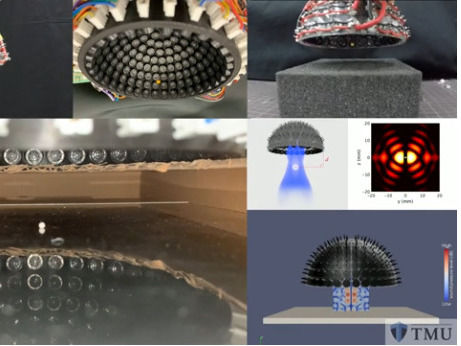 Pinzetten aus Schall können Objekte ohne physischen Kontakt aufnehmen - Hemisphärische Anordnung von Ultraschallwandlern hebt Objekte von reflektierenden Oberflächen ab