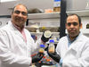 Medizinischer Biotechnologie-Wissenschaftler Associate Professor Munish Puri und Bioprocessing Lab-Forscher Dr. Adarsha Gupta mit lokal bezogenen australischen Mikroalgen in Kultur und dem pulverisierten und verarbeiteten Material für die Biodieselproduktion.