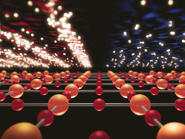 Une illustration montre un type de matière quantique appelé ondes de densité de charge, ou CDW, superposé à la structure atomique d'un supraconducteur d'oxyde de nickel découvert par des chercheurs du SLAC et de Stanford il y a trois ans. (En bas) Le matériau d'oxyde de nickel, avec les atomes de nickel en orange et les atomes d'oxygène en rouge. (En haut à gauche) Les CDW apparaissent comme un motif d'ondulations d'électrons gelés, avec une plus grande densité d'électrons dans les pics des ondulations et une plus faible densité d'électrons dans les creux. (En haut à droite) Cette zone représente un autre état quantique, la supraconductivité, qui peut également émerger dans l'oxyde de nickel. La présence de CDW montre que les oxydes de nickel sont capables de former des états corrélés - des "soupes d'électrons" qui peuvent accueillir une variété de phases quantiques, y compris la supraconductivité.