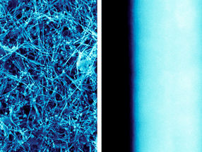 Gauche : image de microscopie électronique à balayage du réseau CuNW sur une surface pulvérisée de cuivre. Droite : Image rapprochée du nanofil de CuNW, dont le diamètre est d'environ 60 nm, soit environ 100 fois plus petit qu'un cheveu humain.