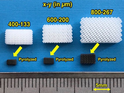 Les treillis imprimés en 3D ont été préparés en trois tailles différentes. La carbonisation par pyrolyse a rétréci l'électrode et augmenté ses performances.