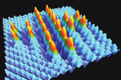 Bromine atoms positioned on a sodium chloride surface