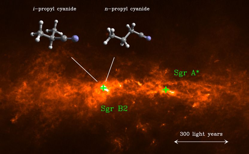 MPIfR/A. Weiß (background image), University of Cologne/M. Koerber (molecular models), MPIfR/A. Belloche (montage)