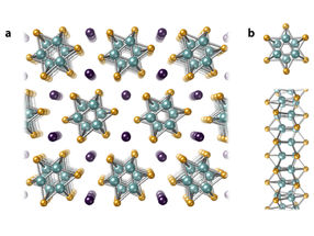 (a) 3D-TMC-Kristallstruktur, bestehend aus TMC-Nanofasern, die von Ein-Atom-Reihen eines interkalierenden Elements umgeben sind. (b) Endansicht und Seitenansicht einer einzelnen TMC-Nanofaser. Die Chalkogene sind goldfarben, die Übergangsmetalle sind grün und das interkalierende Element ist dunkelviolett.