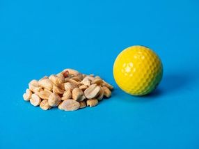 Photo illustration of a serving of nuts, approximately the size of a golf ball.