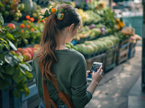 young woman looks at social media posts about fruit on her cell phone