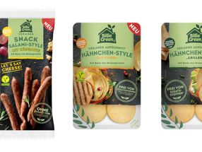 Die Billie Green Neuprodukte: Billie Green Veganer Snack Salami-Style mit Käsenote, Billie Green Veganer Aufschnitt Hähnchen-Style "Grilled" und Billie Green Veganer Aufschnitt Hähnchen-Style mit Curry