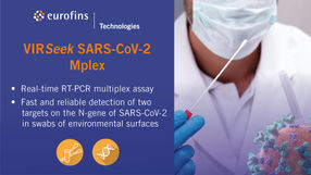 This real-time RT-PCR multiplex assay enables fast and reliable detection of the SARS-CoV-2 virus in swabs of environmental surfaces.