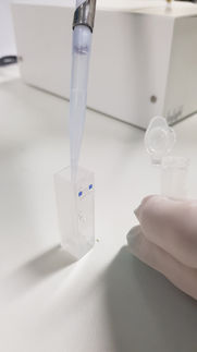 Step 1. A solution of IgG antibodies is pipetted in a quartz cuvette.
