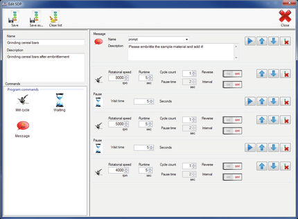 Software P-11Control zur automatischen Steuerung der Mühle, zur Editierung, Speicherung und Verwaltung der SOPs mit Mahlreportgenerierung