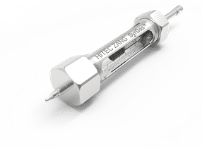 The high-pressure syringe for the SyrDos™ CKP syringe pump is available in the volumes 100 µl, 250 µl, 500 µl, 1 ml and 2.5 ml