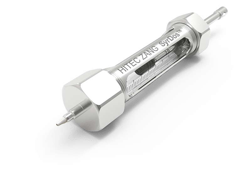 La seringue haute pression pour le pousse-seringue SyrDos™ CKP est disponible dans les volumes 100 µl, 250 µl, 500 µl, 1 ml et 2,5 ml