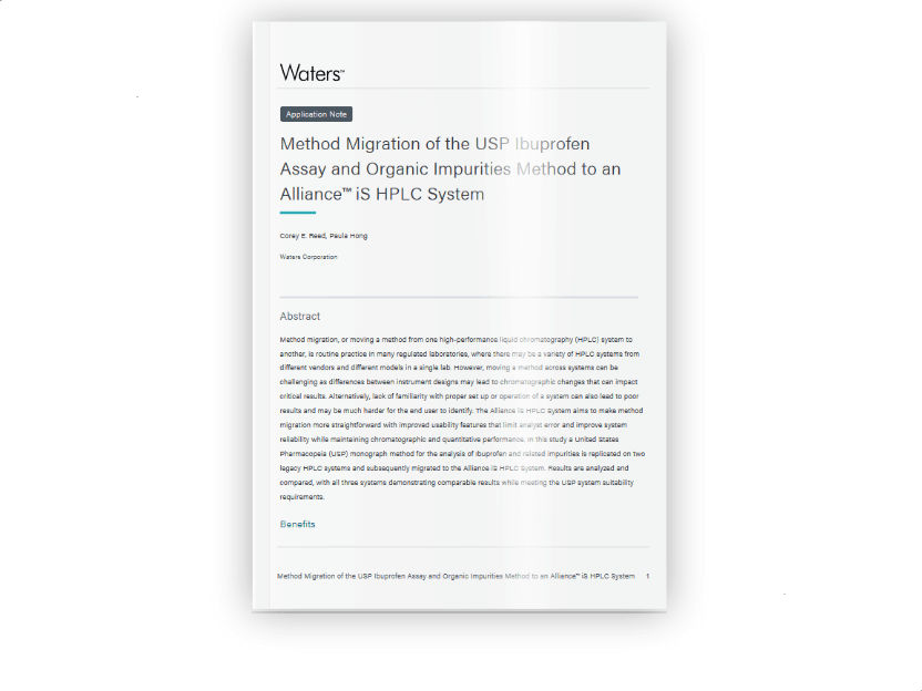 Migración del método de ensayo de ibuprofeno USP y del método de impurezas orgánicas a un sistema HPLC Alliance™ iS