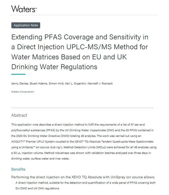 Application Note: Erweiterung der PFAS-Abdeckung und Sensitivität in einem UPLC-MS/MS-Verfahren für Wasser basierend auf den Trinkwasserregulierungen der EU und Großbritanniens - Direktinjektions-ULPC-MS/MS-Verfahren für Wassermatrizes