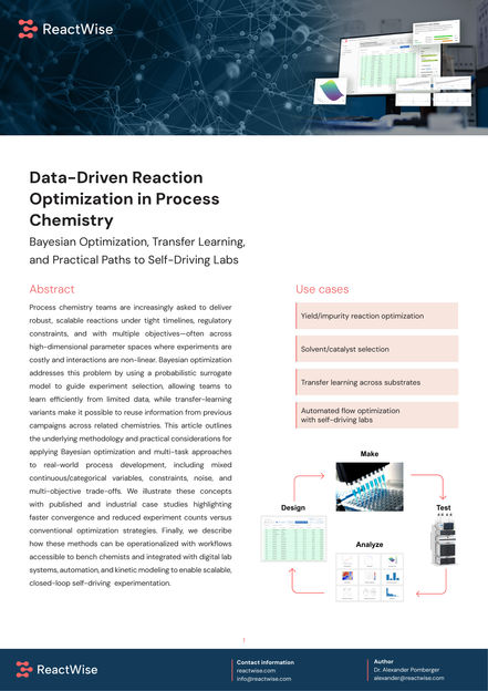 Optimización de reacciones basada en datos en química de procesos - Optimización bayesiana, aprendizaje por transferencia y vías prácticas para los laboratorios de conducción autónoma